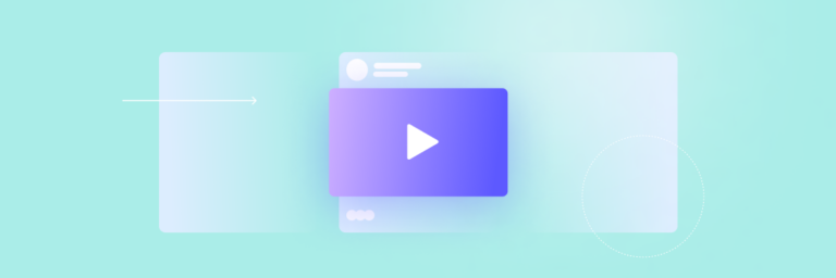 A stylized illustration of a video play icon on a gradient blue and white background, with faint outlines of social media elements surrounding it.