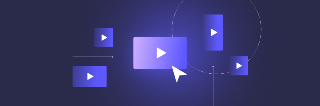 Digital illustration of play buttons and arrows on a blue background, with a cursor pointing at the center button.