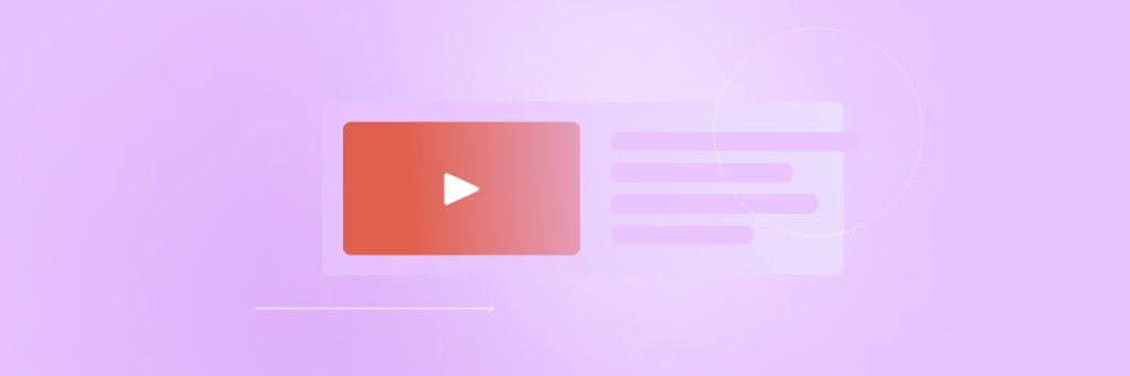 Illustration of a video player icon on a blurred purple background with text lines and a dotted circle.